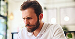 Thinking, business and man in office, stress and overwhelmed with contemplation. Person, copywriting and employee in workplace, thoughtful and professional with deadline, frustrated and burnout