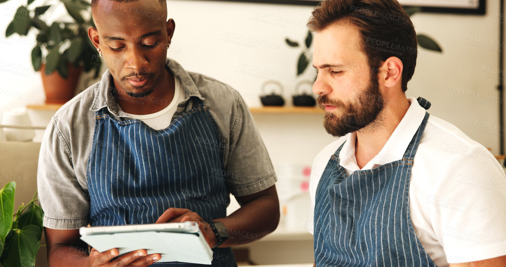 Buy stock photo Tablet, barista team and men in coffee shop for planning menu, schedule and stock for online order in startup. Technology, waiters and discussion in cafe for small business, check inventory or sales