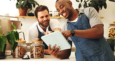 Buy stock photo Tablet, men and team of baristas in cafe for checking stock list together for opening. Digital technology, collaboration and waiters with coffee shop menu development for online order in restaurant.