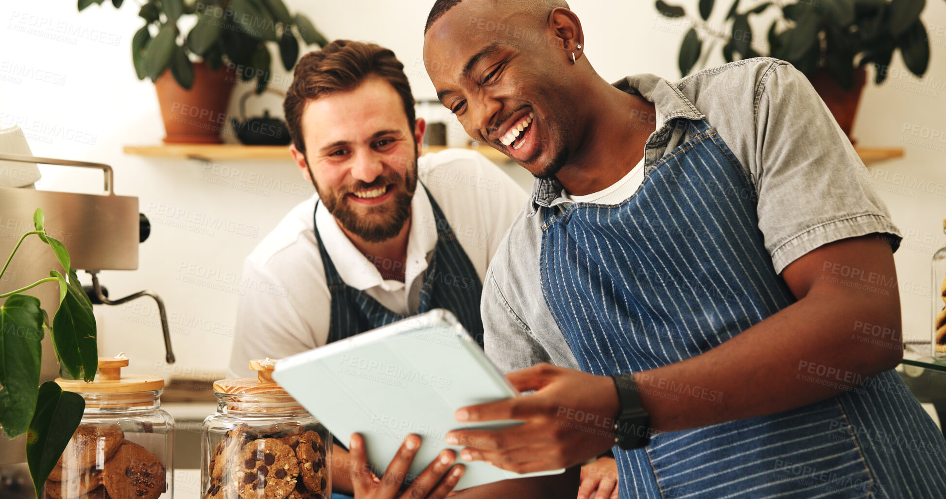Buy stock photo Tablet, men and happy baristas in cafe for checking stock list together for opening. Digital technology, collaboration and waiters with coffee shop menu development for online order in restaurant.