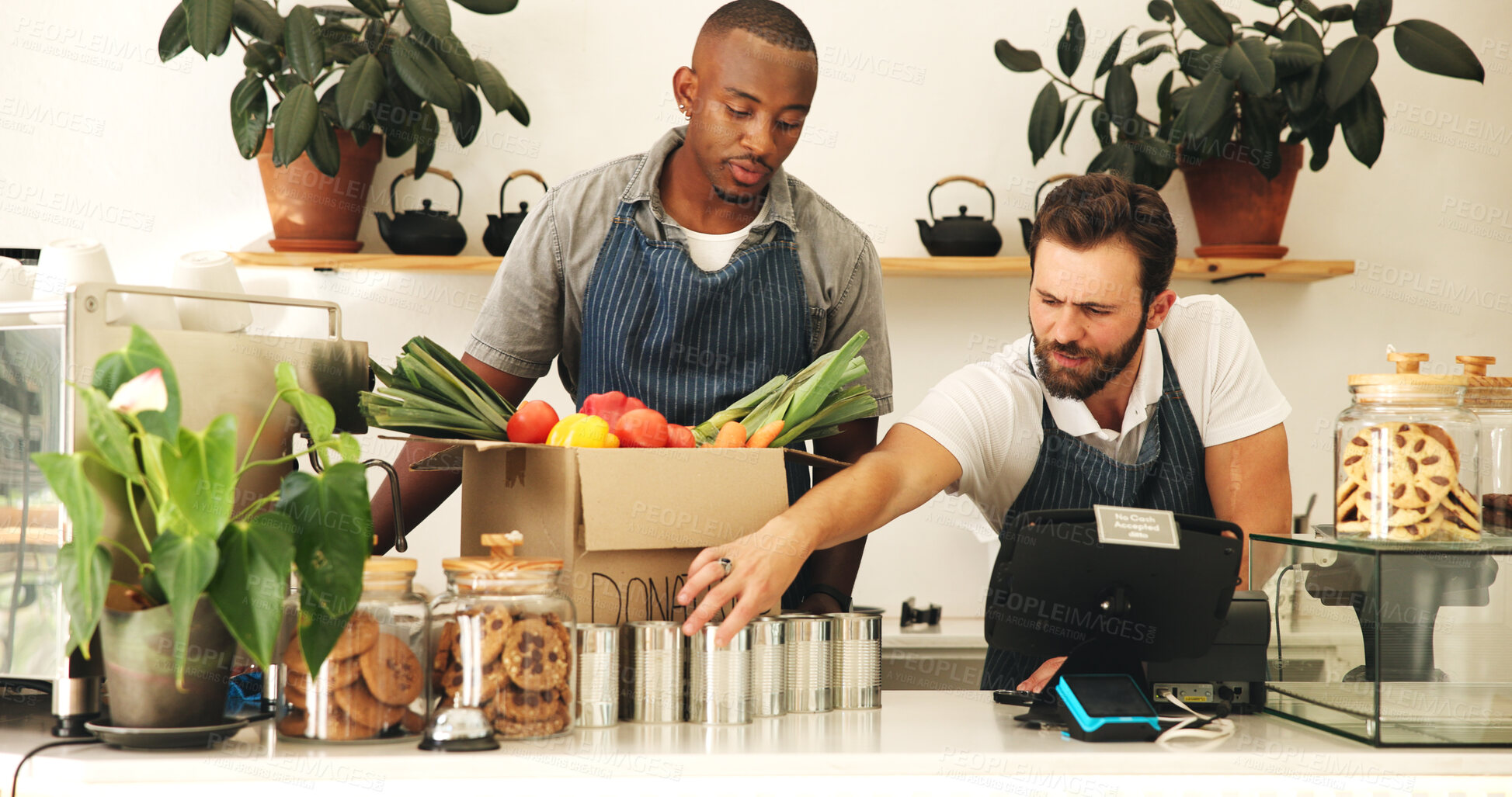 Buy stock photo Business aid, donations and men with charity, sorting and food distribution with community humanitarian. People, volunteer project and teamwork in coffee shop, produce and inventory with cooperation