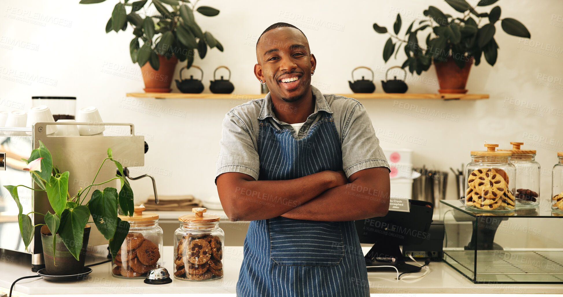 Buy stock photo Confident, black man and waiter with portrait at cafe for about us, inventory management and welcome. Male barista, arms crossed and customer orders, catering service and hospitality of food industry