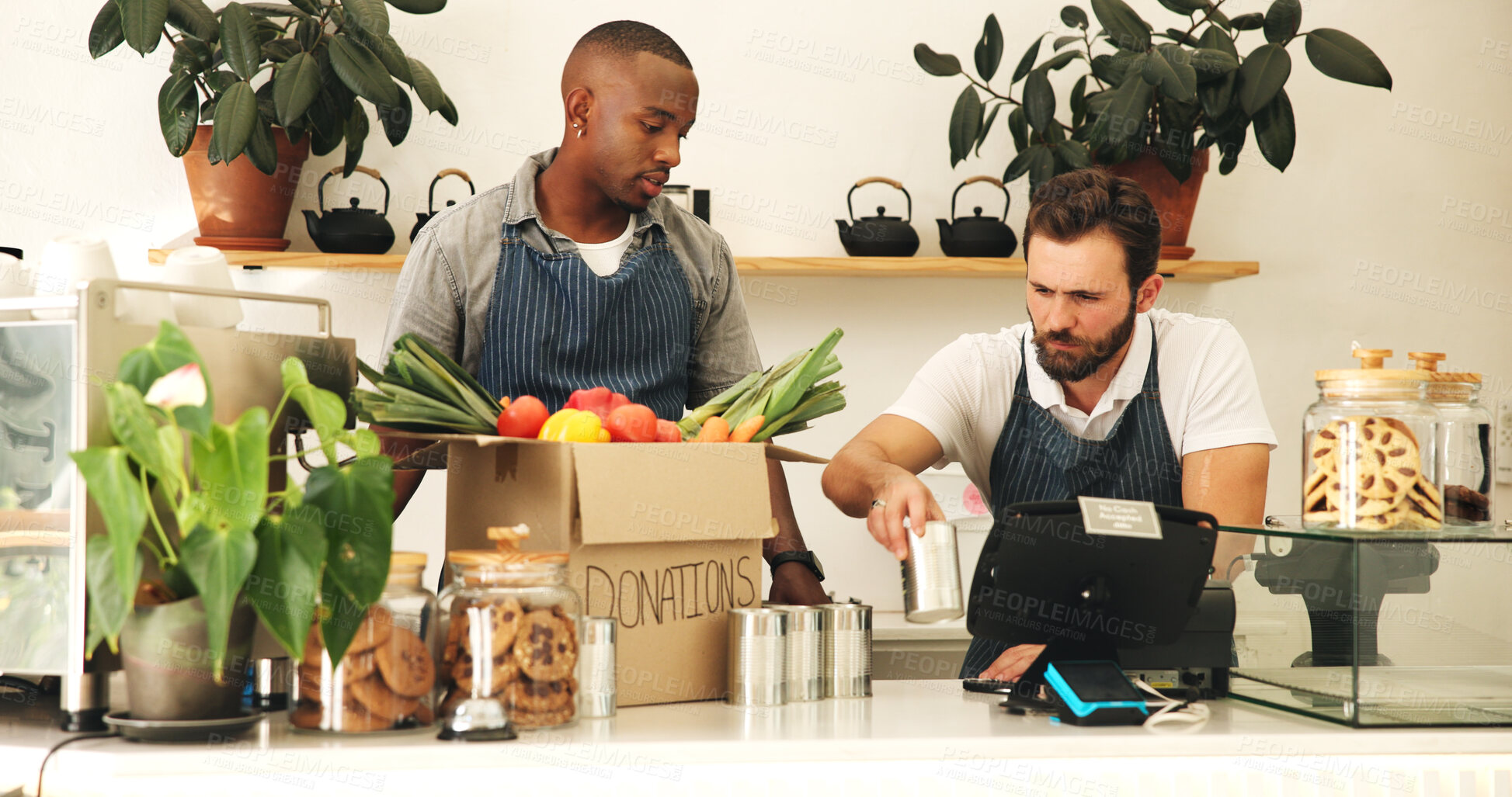 Buy stock photo Business aid, donations and men in cafe, sorting and food distribution with cooperation. People, volunteer and teamwork in coffee shop, produce or inventory with NGO project or community humanitarian