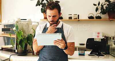 Buy stock photo Man, thinking and barista with tablet in cafe for reading, problem solving and menu ideas in startup. Technology, small business and waiter in coffee shop for planning, stock decision and insight