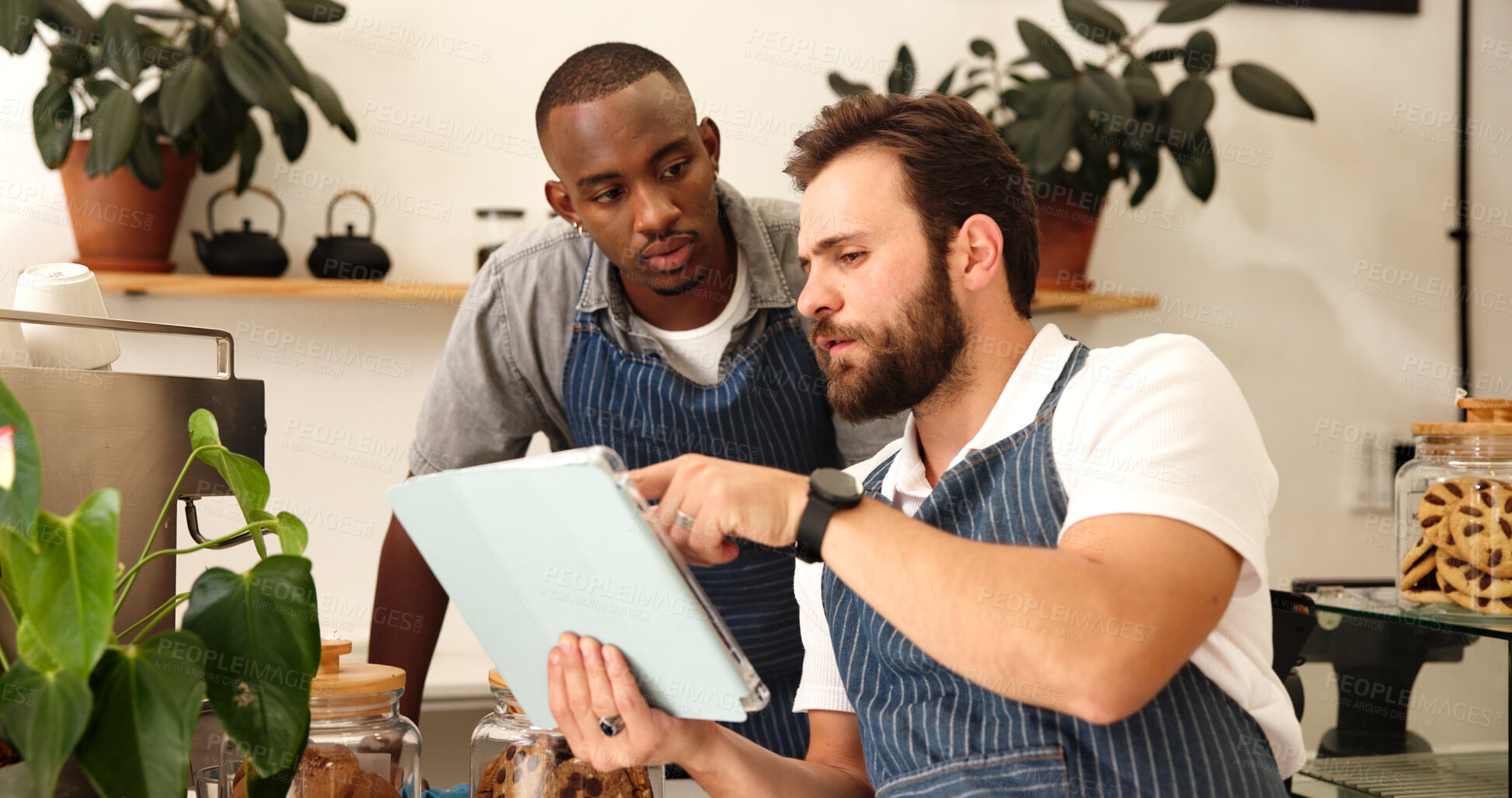 Buy stock photo Tablet, men and team of baristas in coffee shop for checking stock list together for opening. Digital technology, collaboration and waiters with cafe menu development for online order in restaurant.