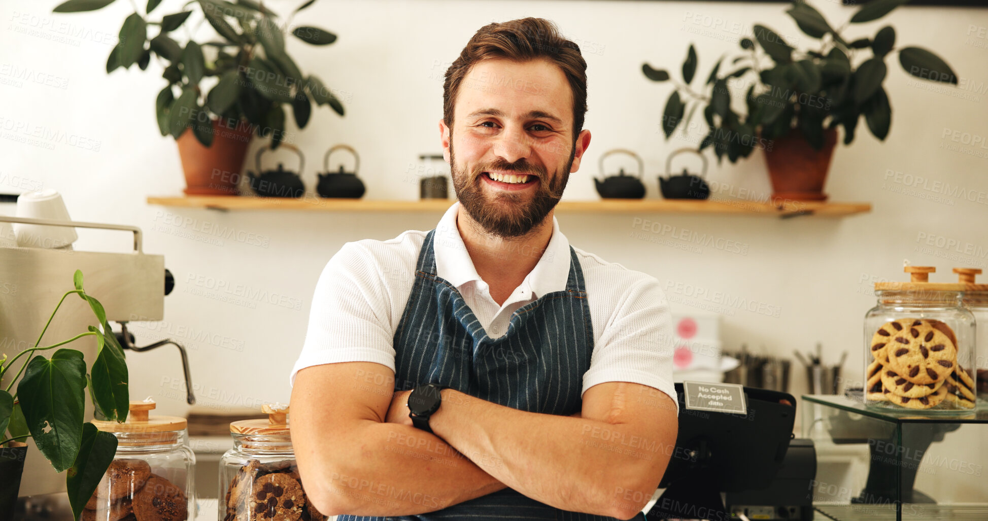 Buy stock photo Man, waiter and pride with portrait at cafe for about us, inventory management and welcome. Male barista, arms crossed and customer orders, catering services and hospitality industry for startup shop