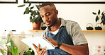 Black man, barista and tablet in cafe for small business, order or communication schedule in startup. Technology, online or waiter in coffee shop for stock, check inventory or planning menu for sales
