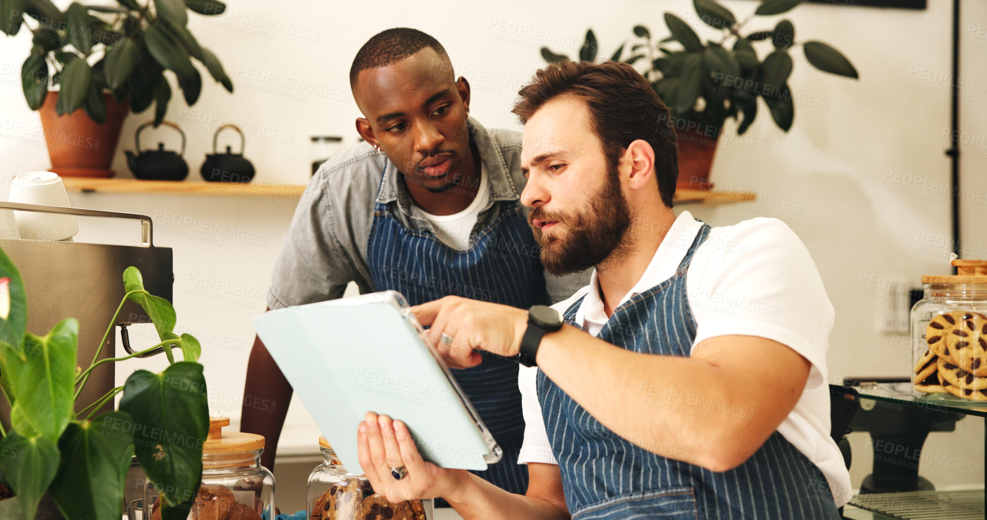 Buy stock photo Tablet, men and team of baristas in restaurant for checking stock list together for opening. Digital technology, collaboration and waiters with coffee shop menu development for online order in cafe.