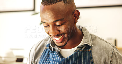 Buy stock photo Smile, black man and waiter reading at cafe for information, menu update and stock of inventory. Male person, review and checklist for sales performance, schedule shifts and catering feedback of shop
