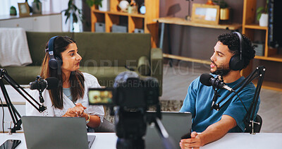 Buy stock photo Laptop, microphone and streaming with people in home living room for live broadcast or recording. Camera, conversation or podcast with man and woman influencer in apartment for subscription service