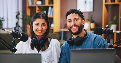 Buy stock photo Laptop, microphone and portrait with people in home living room for live broadcast or recording. Content creation, podcast or smile of man and woman influencer in apartment for subscription service