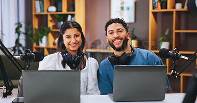 Buy stock photo Laptop, podcast and portrait with people in home living room for live broadcast or recording. Microphone, smile or streaming with man and woman influencer in apartment for subscription service