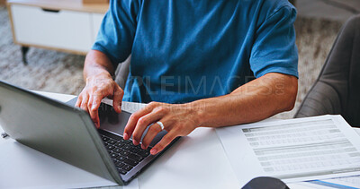 Buy stock photo Person, hands and typing with laptop or documents for financial planning, budget report or invoices. Closeup, accountant or investments with computer or paperwork for schedule payments or tax list