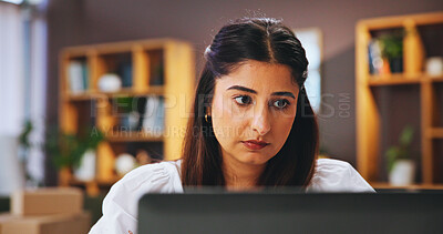 Buy stock photo Laptop, woman and home for online remote work with thinking, research and internet for communication. House, reading email and entrepreneur resources for creative career, freelance and serious