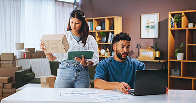 Buy stock photo Business people, inventory and laptop in workspace, boxes and website info with internet. Employees, startup company or coworking with pc, report for profit growth or review for taxes or supply chain
