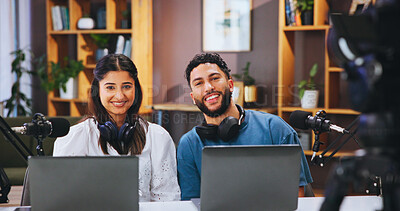 Buy stock photo Laptop, portrait and streaming with couple in home living room for live broadcast or recording. Microphone, podcast or smile with social media influencer people in apartment for subscription service