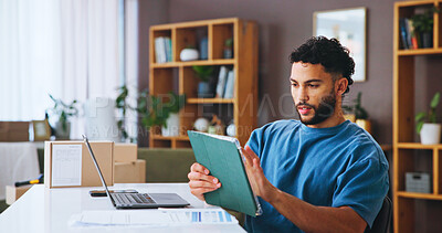 Buy stock photo Businessman, boxes or logistics with tablet for small business distribution or delivery checklist at home. Male person, distributor or supplier with laptop, technology or app for supply chain service