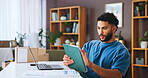 Businessman, boxes or logistics with tablet for small business distribution or delivery checklist at home. Male person, distributor or supplier with laptop, technology or app for supply chain service