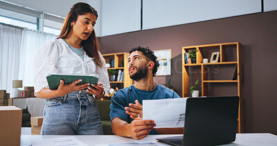 Buy stock photo Online shop, startup and people with documents, boxes and confused by financial report or teamwork. Discussion, entrepreneur and person with paperwork for taxes, laptop or planning for small business