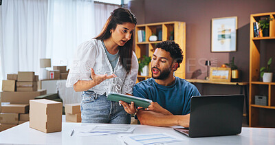 Buy stock photo Business people, tablet and laptop in workspace, boxes and planning with supply chain. Employees, startup company or coworking with pc, report for profit growth or review for taxes, talk or inventory