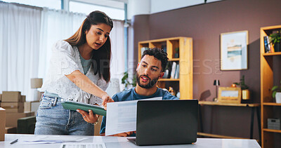 Buy stock photo Business people, documents and laptop in workspace, boxes and planning with inventory. Employees, startup company or coworking with pc, report for profit growth and review for taxes, talk or feedback