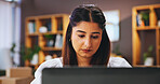 Laptop, woman and home for online remote work with boxes, research and internet for communication. House, reading email and shipping information for order, freelance logistics and small business