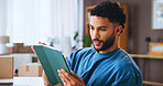 Small business, digital and man with tablet, boxes and planning for distribution of order or ecommerce. House, entrepreneur and tech for dropshipping in lounge, supply chain and stock for online shop