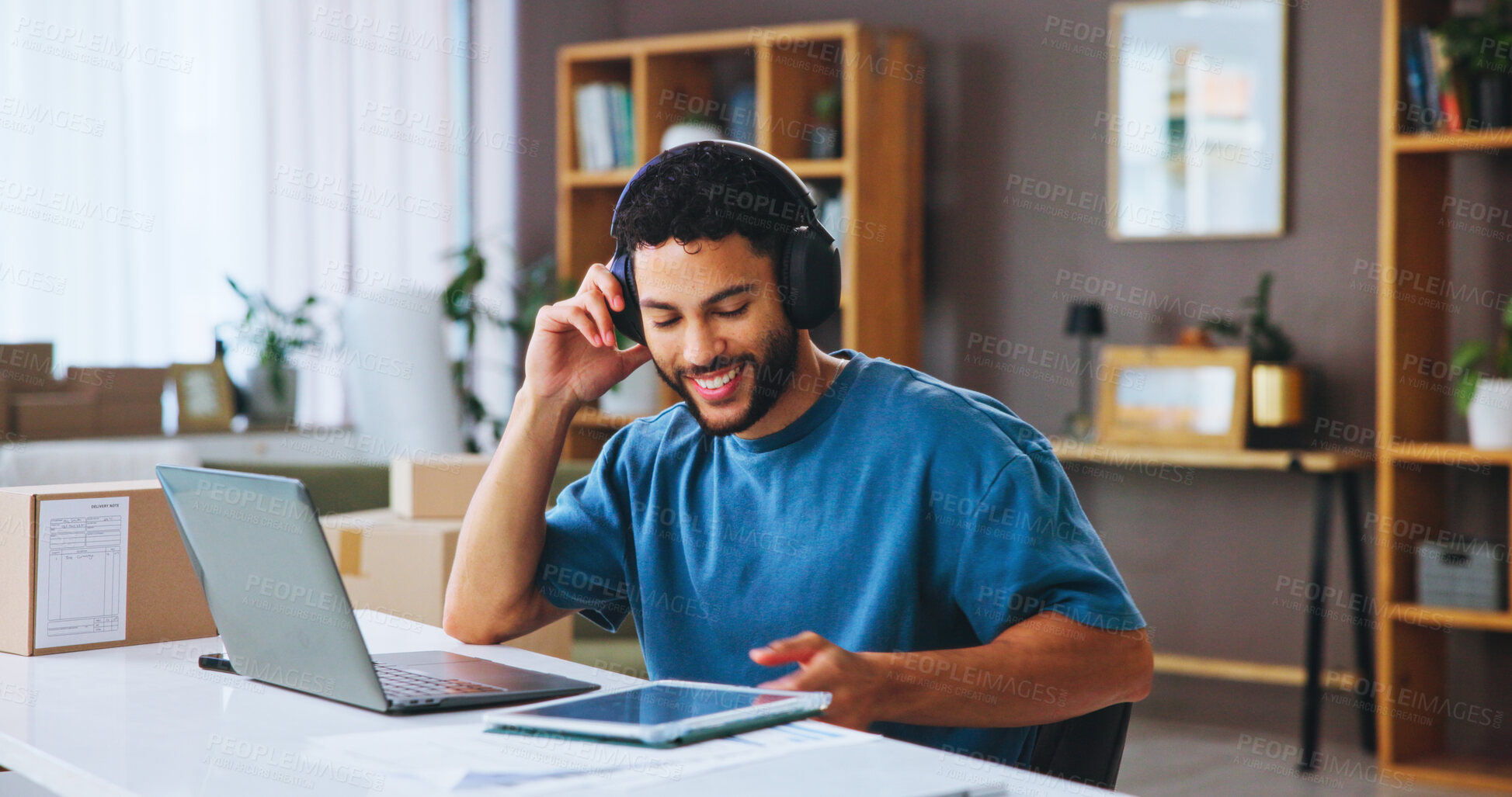 Buy stock photo Technology, man and headphones for distribution startup with boxes, tablet and internet for podcast. Home, merchandise and shipping information for online order, logistics and small business