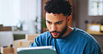 Online shop, entrepreneur and man with tablet, boxes or planning for distribution of order or ecommerce. Serious, digital and tech for dropshipping in office, supply chain or stock for small business