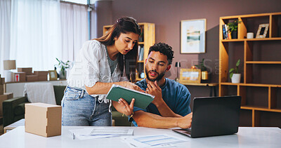 Buy stock photo Team, technology and logistics for distribution startup with boxes, tablet and internet for checklist. Home, paperwork and shipping information for online order, small business and people as partners