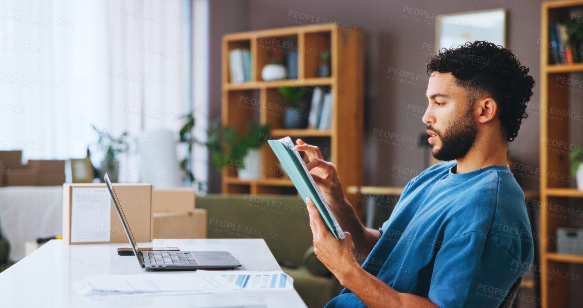 Buy stock photo Businessman, tablet and laptop with logistics for inventory checklist or small business distribution. Man, distributor or technology with boxes for schedule delivery, supply chain or shipping at home