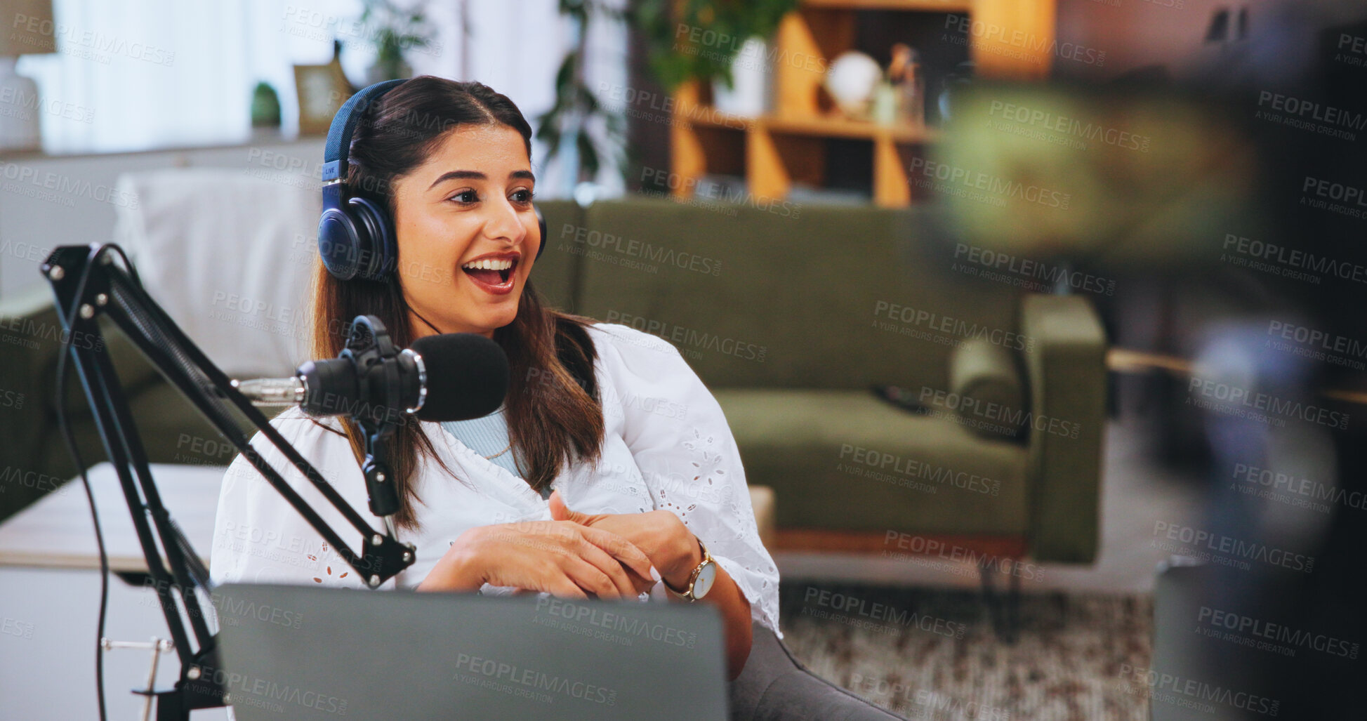 Buy stock photo Headphones, mic and woman host with podcast in home studio for online radio show and media broadcast. Live streaming, female presenter and discussion with web recording for content creation and news