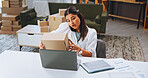 Boxes, phone call and woman in home with laptop, dropshipping or small business for ecommerce sales. Contact, website and person with tech, supplier delivery or communication for online networking