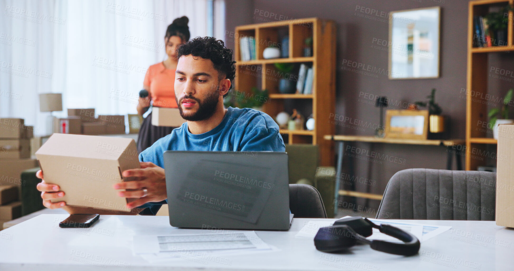 Buy stock photo Man, laptop and box with logistics for packaging, small business distribution or schedule delivery at home. Male person, distributor or supplier with computer, parcel or stock for shipping service