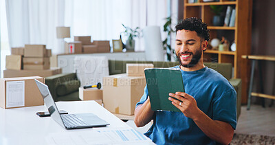 Buy stock photo Happy man, boxes or logistics with tablet for small business distribution or delivery checklist at home. Male person, distributor or supplier with laptop, technology or stock for shipping service app