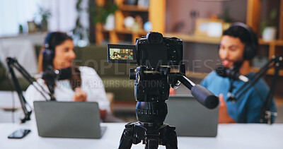 Buy stock photo Camera, podcast and streaming with people in home living room for live broadcast or recording. Conversation, laptop or microphone with man and woman influencer in apartment for subscription service