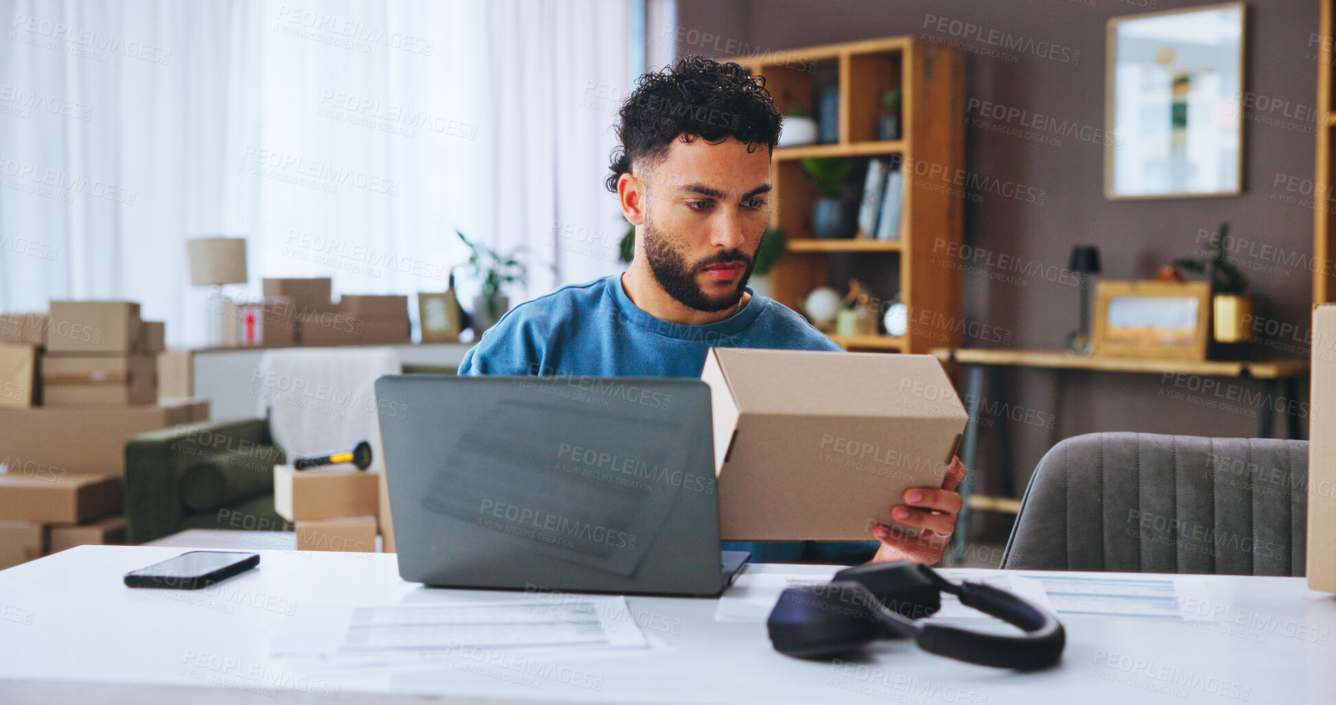 Buy stock photo Man, laptop and box with logistics for small business distribution, schedule delivery or pricing at home. Male person, distributor or supplier with computer, parcel or package for shipping service