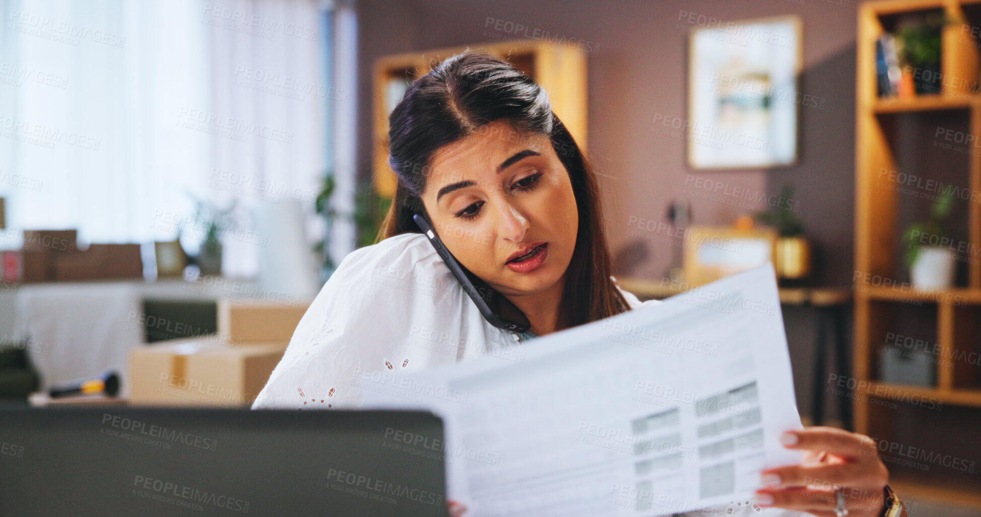 Buy stock photo Small business, phone call and woman in home with paperwork, supplier and boxes for ecommerce. Contact, documents and person with smartphone, delivery invoice and laptop for online sales networking