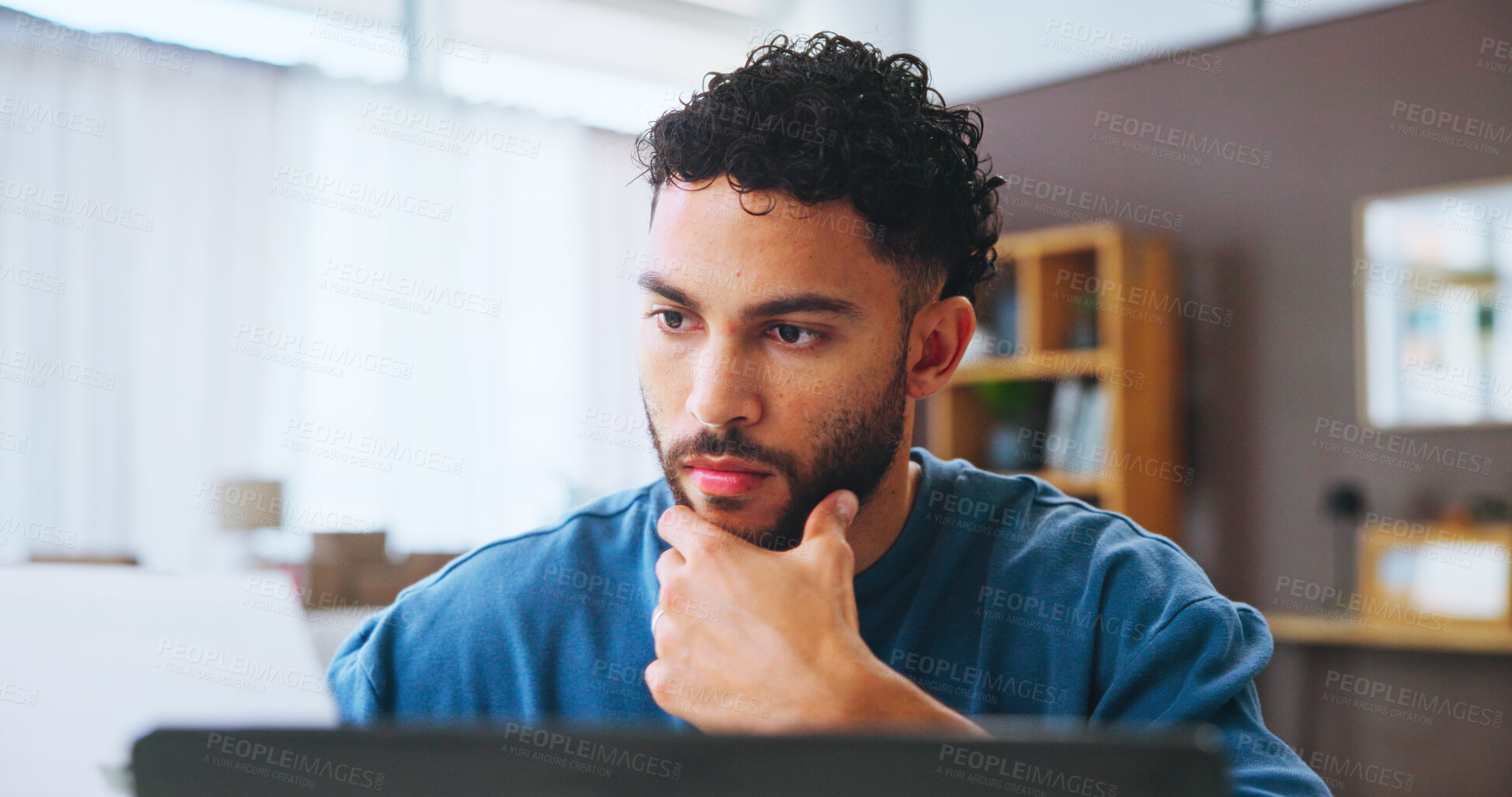 Buy stock photo Man, documents and thinking in home with finance, laptop and decision for investment, saving or bills. Person, paperwork and review with credit score report, budget or wealth planning at apartment