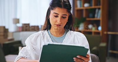 Buy stock photo Woman, tablet and home for distribution startup with boxes, checklist and internet for communication. House, merchandise and shipping information for online order, logistics and small business