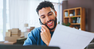 Buy stock photo Small business, phone call and man in home with paperwork, smile and boxes for ecommerce. Contact, documents and happy person with smartphone, delivery invoice and laptop for online sales networking