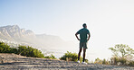 Thinking, runner and back of man in nature for mockup space, relax and health. Fitness, workout and reflection with person and training with mountain view for sports athlete, marathon and exercise