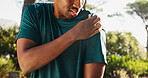 Man, fitness or shoulder injury with pain in nature for muscle tension or workout accident. Closeup, male person or sore joint with inflammation for dislocation, ache or exercise emergency for sprain