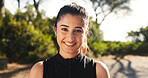 Outdoor, woman and smile in portrait for fitness, running challenge and confidence for health. Happiness, female person and runner with positive attitude for exercise, cardio and wellness in nature