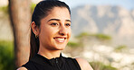 Happy, fitness and woman with thinking outdoor for exercise break, mountain view and relax in nature. Space, runner and person with smile for marathon training, workout performance and cardio rest