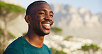 Happy, fitness and black man with thinking outdoor for marathon break, mountain view and relax with scenery. Space, runner and person with smile for cardio exercise, workout performance and training