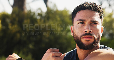 Buy stock photo Man, fitness or stretching with arm at park for workout preparation, exercise or outdoor training. Serious, male person or thinking with warm up for flexibility, balance or active challenge in nature