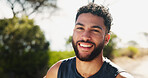 Happy man, portrait and nature with fitness for health, wellness or outdoor exercise on mountain trail. Face, male person or active runner with smile for cardio workout, training or fresh air at park