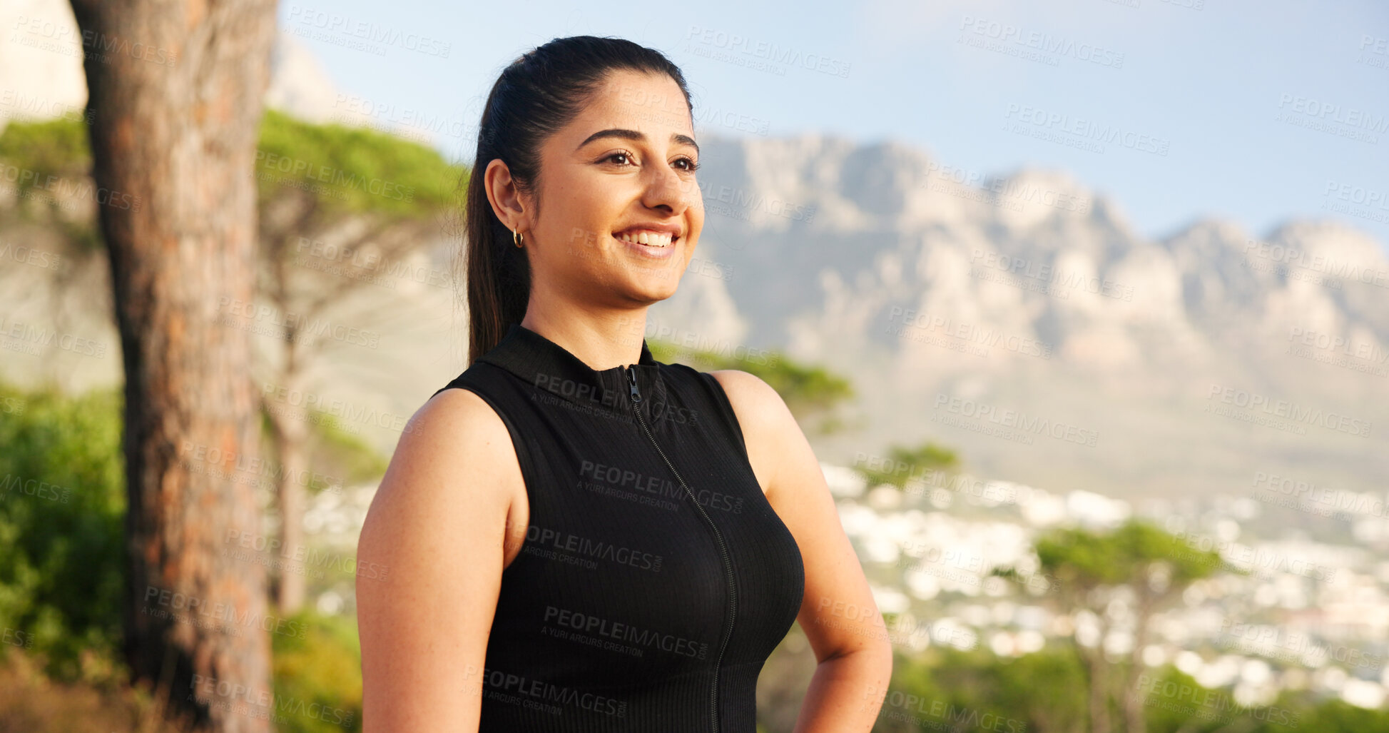 Buy stock photo Smile, fitness and woman with thinking outdoor for exercise break, mountain view and relax in nature. Space, runner and person with scenery for marathon training, workout performance and cardio rest