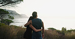 Fitness, couple and hug with outdoor view of ocean, mockup space and training break by mountain. Exercise, man and embrace woman in nature to rest for body health, love and back together for wellness